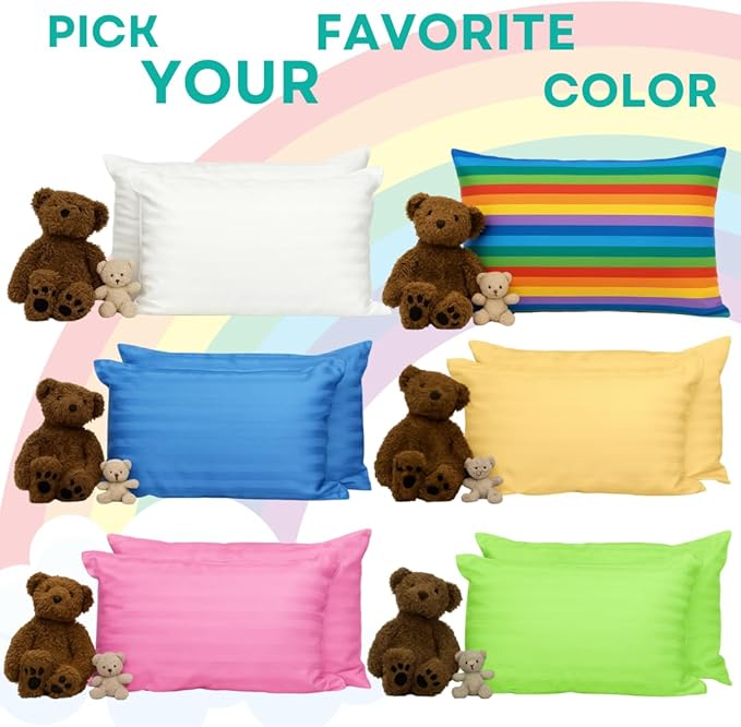 kinder Fluff Kids Pillow (2Pack) 16x24in - Youth Pillows for Kids Age 7+, 100% Cotton Sateen Stripes 300T, Down Alternative Fill, Machine Washable - Children & Travel Cushion - Green - L