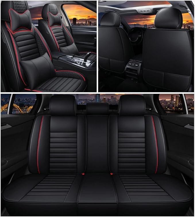 Leather Car Seat Covers for Toyota Corolla 2006-2024,Car Seat Covers Full Set,Seat Covers with Safety,Waterproof Seat Cover Compatible Airbag(5pcs Black&Red Luxury)