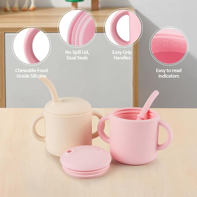 Silicone Baby Cup with Straw, Straw Cup for 6 months+ old, Leak Proof Silicone Baby Training Cup 6 fl oz (Green+Beige)