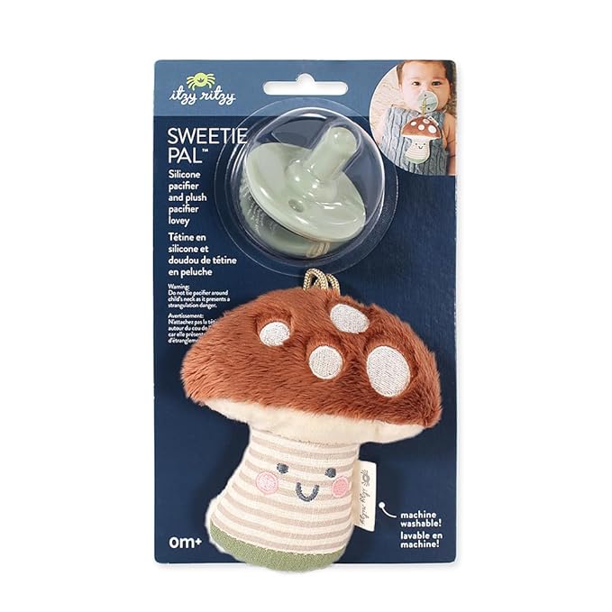 Itzy Ritzy Pacifier and Lovey Set; Detachable Plush Mushroom and Coordinating Green Silicone Pacifier; Ideal for Ages 0 Months and Up, Mushroom