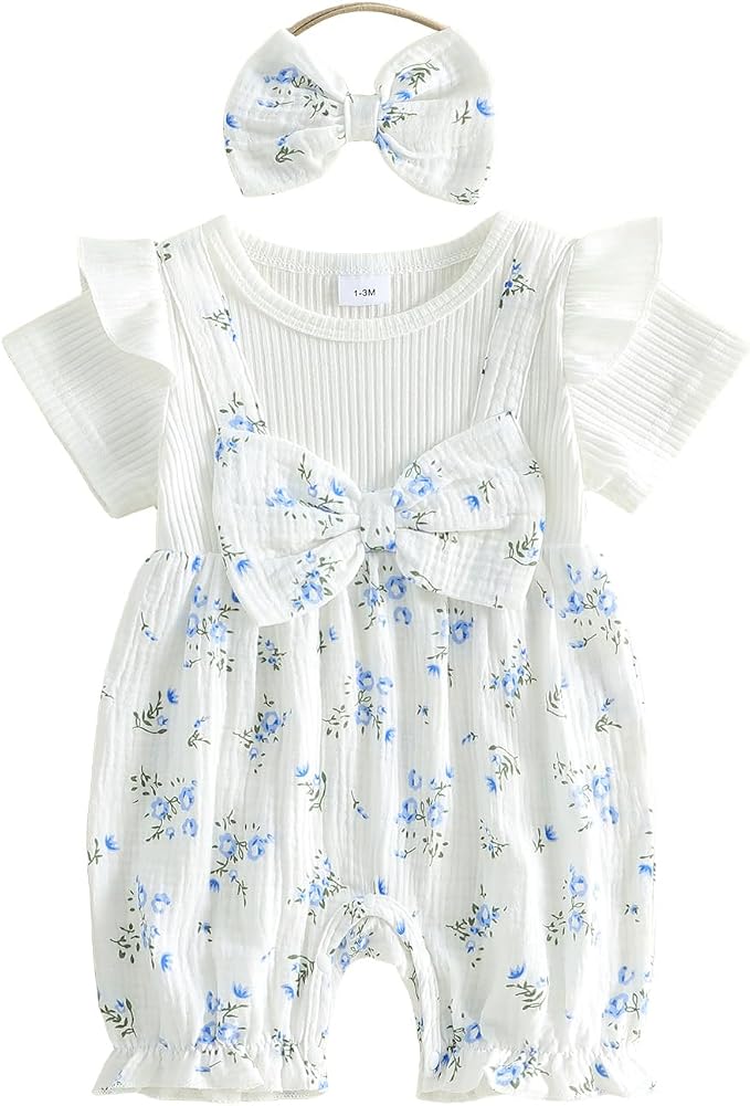 YINGISFITM Newborn Baby Girl Summer Clothes Short Sleeve Bubble Romper Bow by YINGISFITM