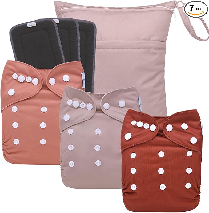 babygoal Reusable Charcoal Cloth Diapers with Double Gussets, 3 Pack Washable Baby Pocket Diapers with 3pcs Charcoal Inserts and Wet Dry Bag(Red Brown,Peach Blossom Pink)