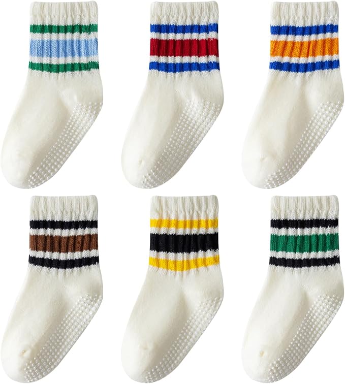 Toddler Grip Socks with Non-Slip Unisex Baby Stripe Crew Cotton Socks | Retro by Wamvp
