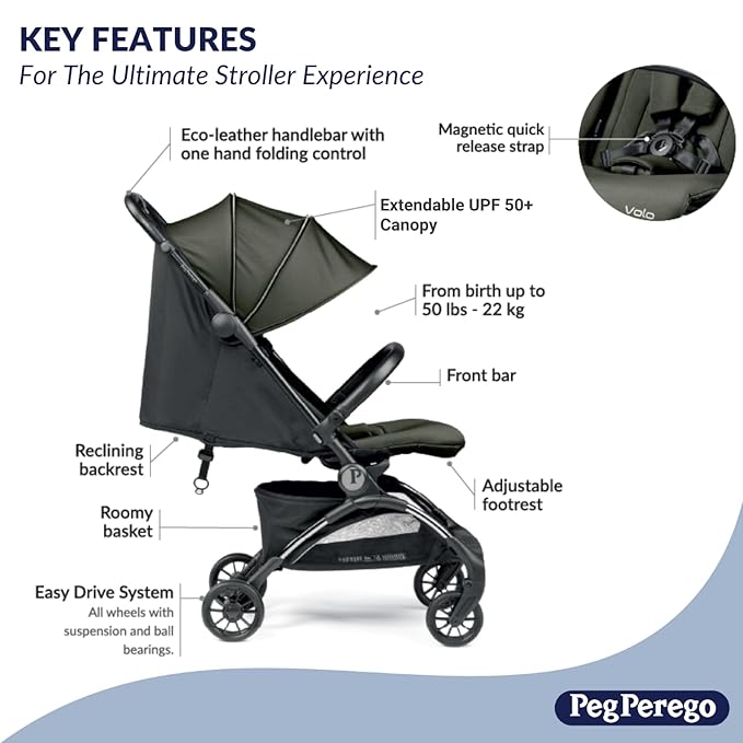 Peg Perego Volo, Ultra Lightweight Carry On Compliant Travel Stroller, Adjustable Features & Reclining Seat - Designed for Everyday Comfort from Newborn to 50lbs, Mon Amour (Beige & Pink)