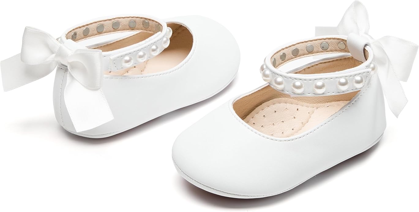 Baby Girls Mary Jane Flats - Infant Newborn Walking Shoes Soft Rubber Sole Princess Wedding