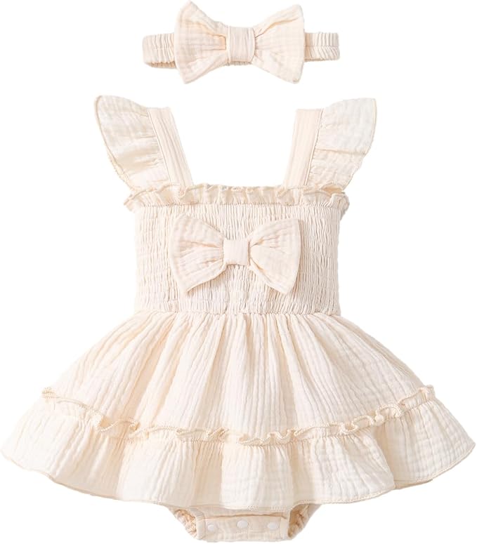Baby Girl Smocked Romper Dress Ruffle Bow Summer Outfit by Megeoly