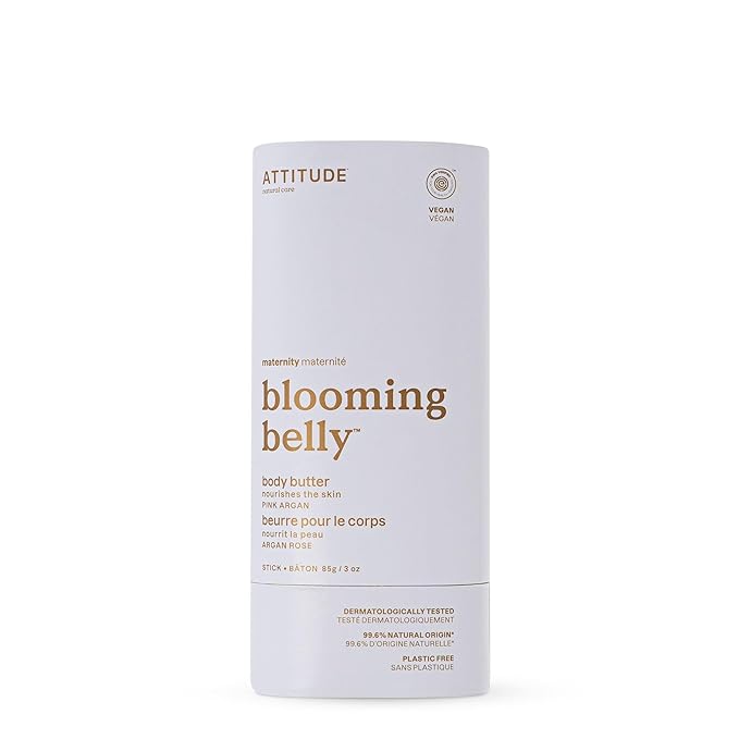 ATTITUDE Plastic-Free Body Butter Bar for Pregnant Dry and Stretched Skin, EWG Verified, Vegan and Cruelty-free Maternity Products, Pink Argan, 3 Ounces