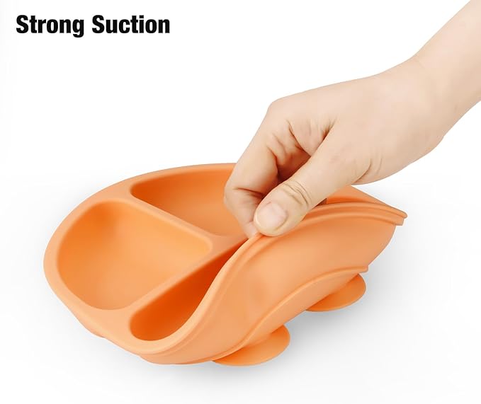 PandaEar 3 Pack Toddler Plates, Silicone Divided Suction Plate for Babies, BPA-Free 100% Food-Grade Silicone Unbreakable Baby Plate (Orange)
