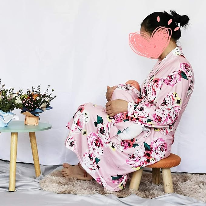 SUFEINI Maternity Robe and Matching Baby Swaddle Blanket Set, Mommy Robe - Image 4