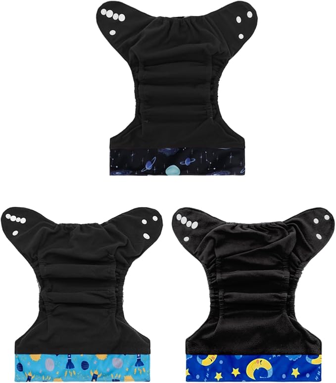 babygoal Reusable Charcoal Cloth Diapers with Double Gussets, 3 Pack Washable Baby Pocket Diapers with 3pcs Charcoal Inserts and Wet Dry Bag(Space,Moon,Star,Rocket)