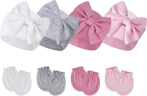 4Pack Newborn Baby Hats and Mittens Set Cotton Bow Infant Caps Gloves Warm Knit by Haakong