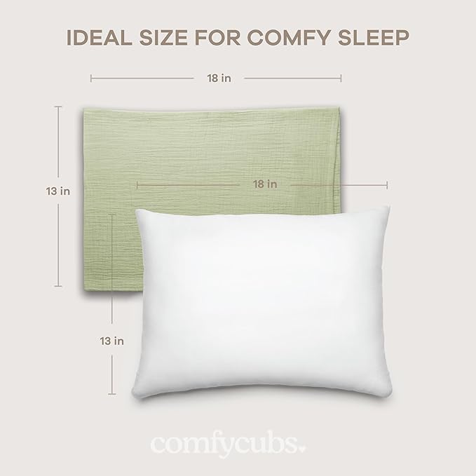 Comfy Cubs Toddler Pillow with Muslin Pillowcase, 13 x 18 in, 2 Pack - Travel and Sleep Support for Kids - Lightweight, Breathable Microfiber Fill - Soft and Cozy Small Pillow for Toddlers - Sage