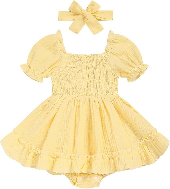 GRNSHTS Baby Girl Romper Dress, Puff Sleeve Smocked Outfit by GRNSHTS