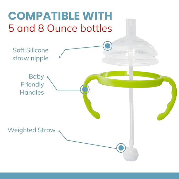 Straw Transition Cup Kit for Comotomo Baby Bottles | Conversion Kit Fits 5 Ounce and 8 Ounce Bottles | Soft, Silicone Straw Top Bottle Nipple & Weighted Straw to Help Baby Transition | 2 Pack (Green)