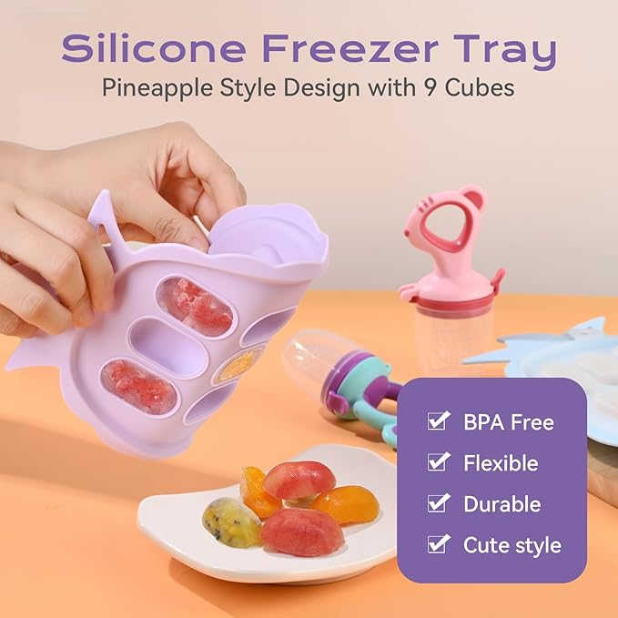 Baby Fruit Feeder Baby Breastmilk Popsicle Molds, Food Freezer Tray Storage Containers, Silicone Pacifier Feeder and Teether, Includes 6 Extra Food Pacifier