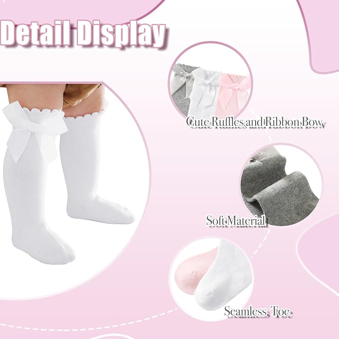 Baby Knee High Socks Newborn Ruffle Bow Socks Infant Long Sock Toddler Girls - Image 3