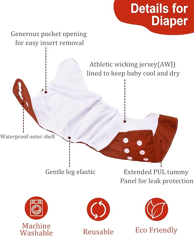 babygoal AWJ Cloth Diapers with Tummy Panel Pack of 7, 3 Diaper Cover with 3 Inserts and Wet Dry Bag, Adjustable Washable Reusable for Baby Girls and Boys