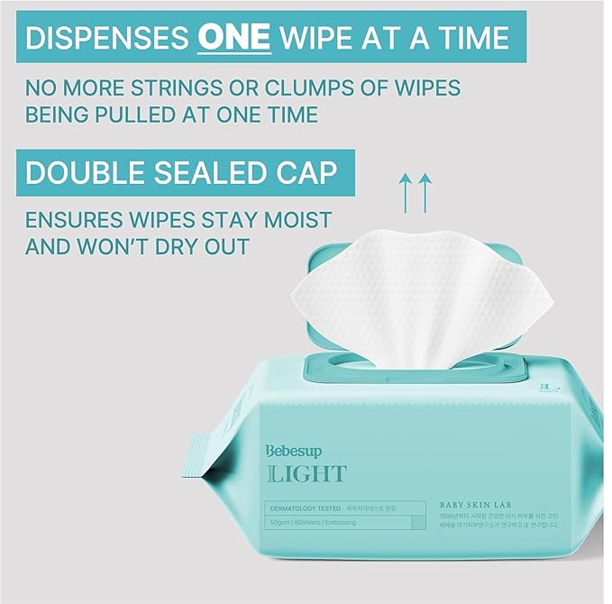 BEBESUP Korea's #1 Light Baby Wipes - Hypoallergenic, Water-Based, Unscented, Alcohol & Paraben-Free – 50 GSM for sensitive skin Flip-Top Plant Based Baby Wipes (1 Pack)