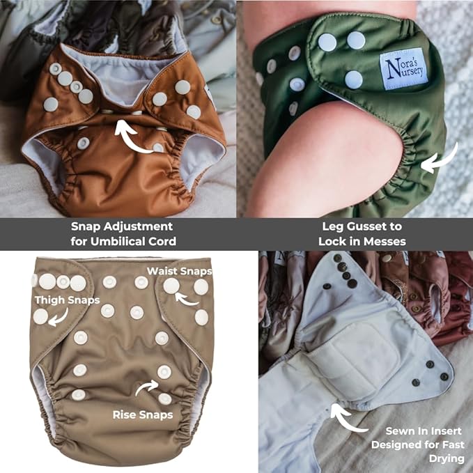 Nora's Nursery Newborn All-in-One Cloth Diaper 14-Pack with Diaper Pod for Clean Storage - Waterproof, Washable, Reusable, and Adjustable for Babies Under 12lbs - Blushing Blooms