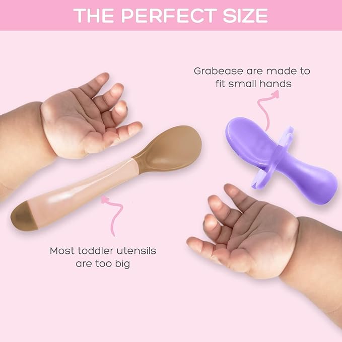 Grabease Baby Feeding Utensils Set - Infant and Baby Fork and Weaning Spoon for Ages 1-11 Months, BPAs and Phthalate-Free Cutlery, 2 Sets, Blush and Lavender