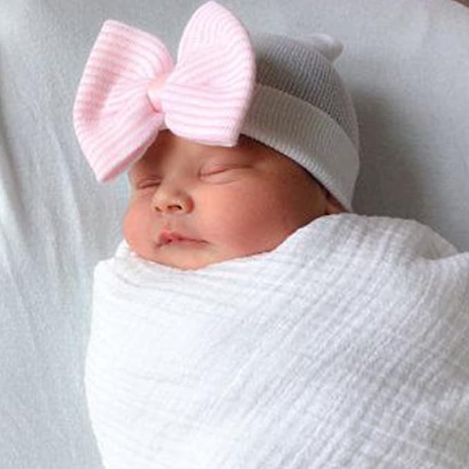 Newborn Baby Girl Hats with Bow No Scratch Cotton Toddler Infant Hat Beanie - Image 3