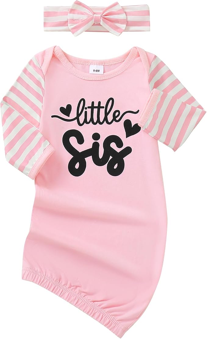 AMAWMW Newborn Baby Girl Little Sister Sleeper Gown Stripe Long Sleeve by AMAWMW