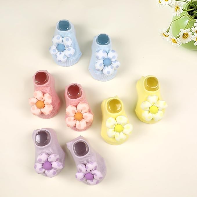 4Packs Baby Girls Socks, Flower Non-Slip Grips - Image 6