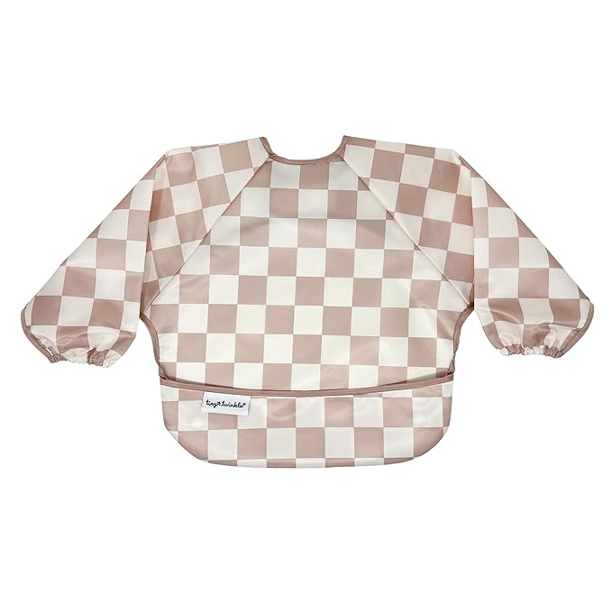Tiny Twinkle Long Sleeve Bib for Babies & Toddlers – Waterproof Smock Bib for Eating – Machine Washable & Mess-Proof, Baby Feeding Essential & Shower Must-Have(Checkers Brown, 6–24M)