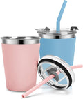 Kids Cups with Straws and Lids Leak Proof, 12oz Sippy Cups for Toddlers 1-3, 2 Pack Spill Proof Cup Stainless Steel Kids Cups with Lids for School, Outdoor (Blue & Pink)