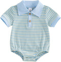 VISGOGO Baby Boy Striped Romper Waffle Short Sleeve Button Oversized Bodysuit by VISGOGO