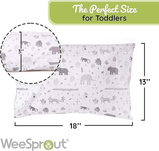 WeeSprout Toddler Polyester Organic Cotton Shell and Pillowcases, Small Kids Pillow, Soft and Supportive Polyfiber Filling, Machine Washable, 18 x 13 x 3 (Safari Print + Safari Print, 3 Piece Set)