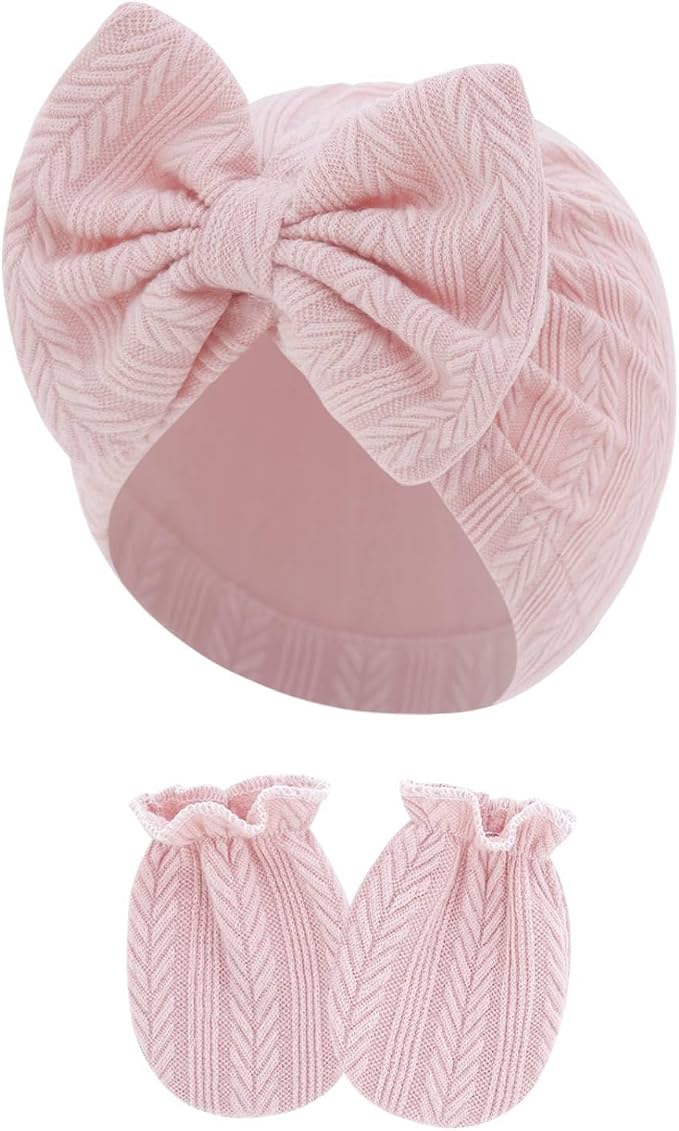 4 Pcs Newborn Hats Mittens Set Infant Cap Bow Hospital Beanie Preemie Hat - Image 6