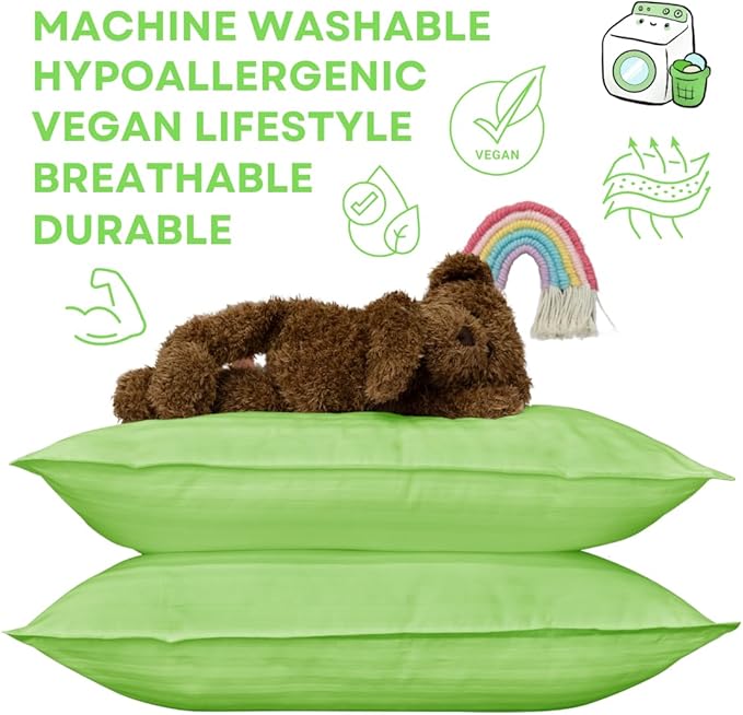 kinder Fluff Kids Pillow (2Pack) 16x24in - Youth Pillows for Kids Age 7+, 100% Cotton Sateen Stripes 300T, Down Alternative Fill, Machine Washable - Children & Travel Cushion - Green - L
