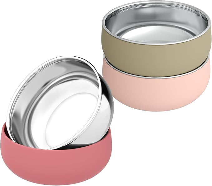 Bella's Friends Stainless Steel Baby Bowls with Silicone Sleeve 3 Pack, 4.3” for Toddlers Kids Feeding, Non-Slip, Non-Toxic, Mess-Free, Dishwasher Safe, Fit High Chair Size, Rose green Khaki