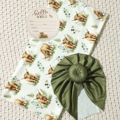 Ylsteed Baby Highland Cow Swaddle Blanket and Headband Set, Newborn Receiving - Image 2