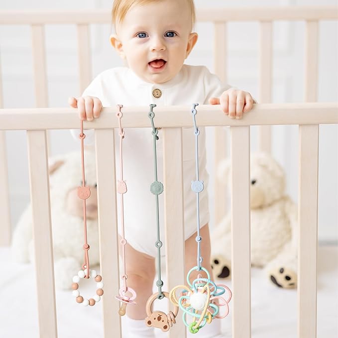 ROCCED Toy Straps for Baby 6pcs, Silicone High Chair Toys Straps Stroller Accessories Toddler Bottle Straps Car Seat Toys Baby Travel Essential Silicone Ivory+Sage+Blue
