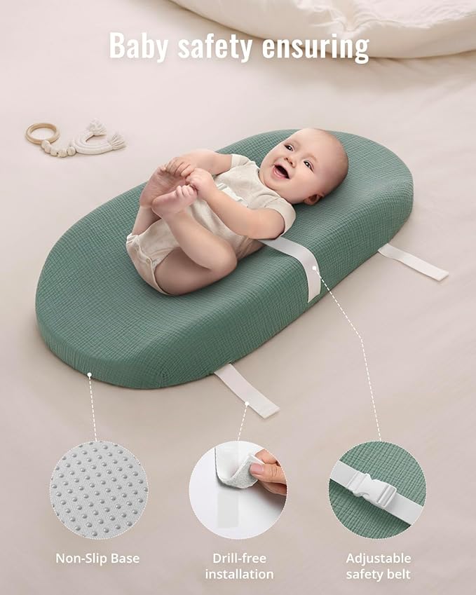 Blissful Diary Muslin Baby Changing Pad with Waterproof Lining Foam, Diaper Changing Table Pad with Cover for Dressers (Roman Green, Avocado)
