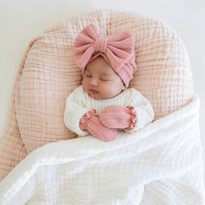 BQUBO Baby Turban Hats and Mittens Set Newborn Infant Hospital Hats Caps - Image 2