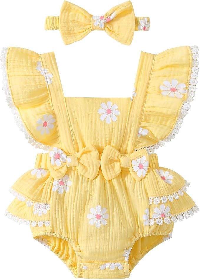 Baby Girl Summer Clothes Infant Girls Romper Dress | Ruffle Sleeve, Cotton Linen by Megeoly