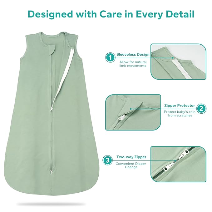 Rayon Made from Bamboo Sleep Sack, 0.5 TOG Wearable Blanket Baby, Lightweight Stretchy Sleep Sack 0-6 Months, Green