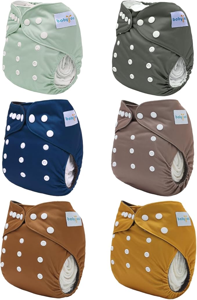 babygoal Reusable Charcoal Cloth Diapers with Double Gussets, 6 Pack Washable Baby Pocket Diapers with 6pcs Charcoal Inserts and Wet Dry Bag(Solid Color)