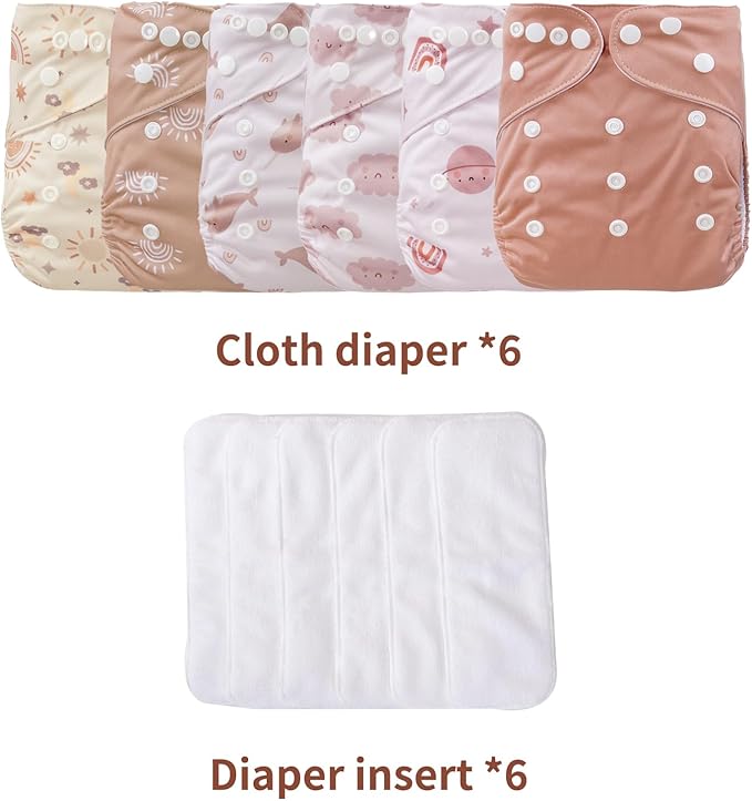 12 Set Reusable Adjustable Cloth Diapers for Newborn to 0-3 Years,One Size Washable Pocket Nappy Covers for Baby Girl and Boy,6 Pack Cloth Diapers+6pcs Microfiber Inserts(Pink)