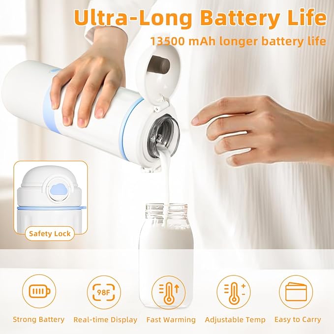 Portable Milk Warmer for Travel,New Upgrade Detachable Design,17Oz Larger Capacity Baby Bottle Warmer with Adjustable Temp & Keep Warm for Formula, Breastmilk,Fast Heating,13500 mAh