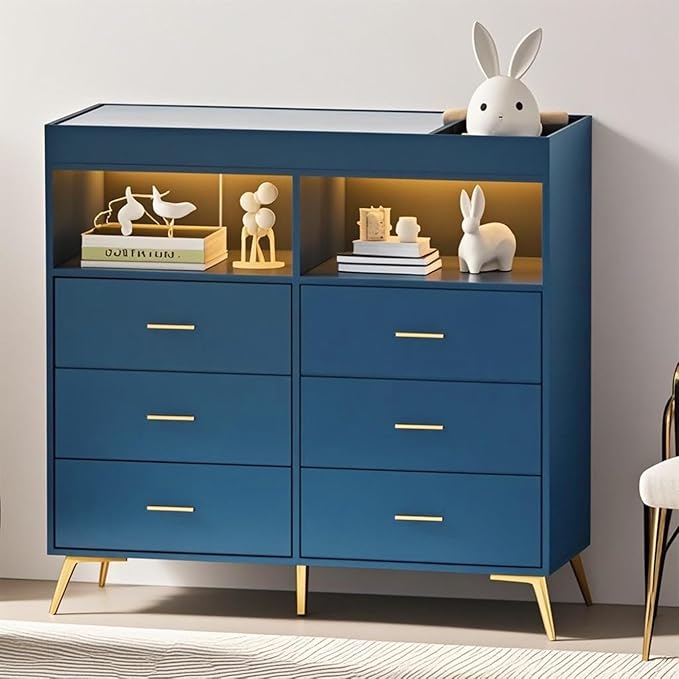 GarveeHome Dresser for Bedroom with 6 Drawers, Baby Changing Table Dresser with Changing Pad, LED Lights & Charging Station, Baby Changing Station with Changing Table Top