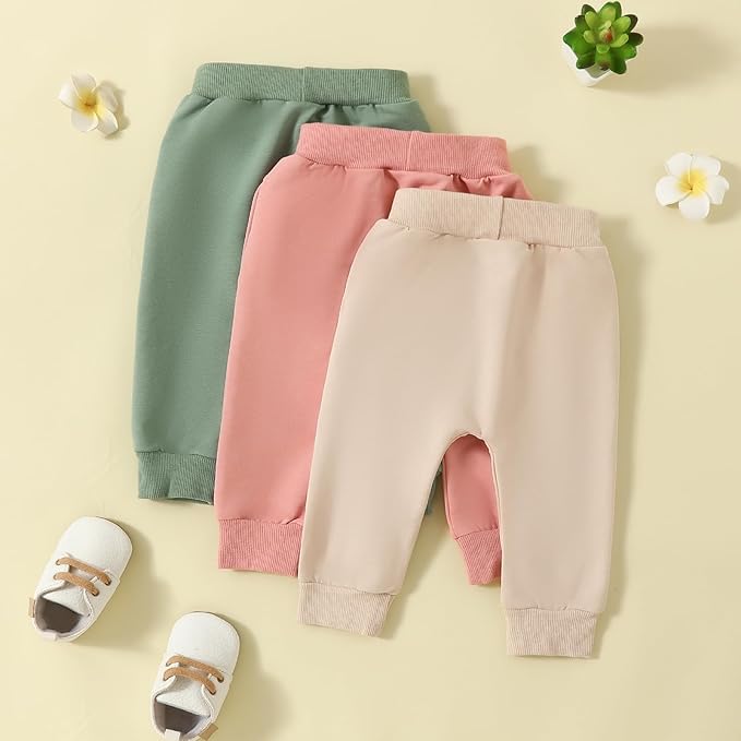 Sejardin Toddler Baby Boy Girl Pants 3 Pack Solid Color Elastic Waist Jogger Sweatpants Newborn Infant Casual Bottoms