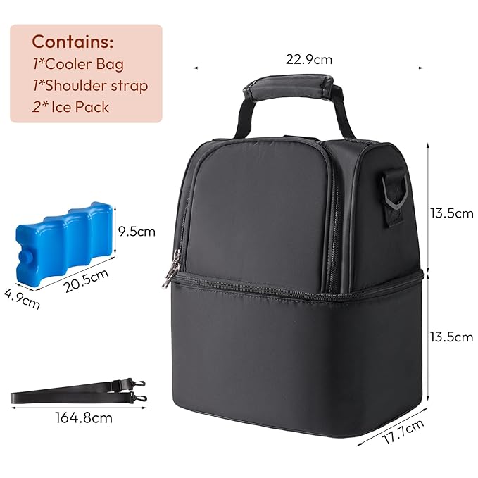 NCVI Breastmilk Cooler Bag with 2 Ice Pack, Breast Pump Bag with Cooler Fits 6 Bottles, Double Layer Breast Milk Travel Bag Baby Bottle, for Travel, Nursing Mom Daycare, Work, Picnic (Black)
