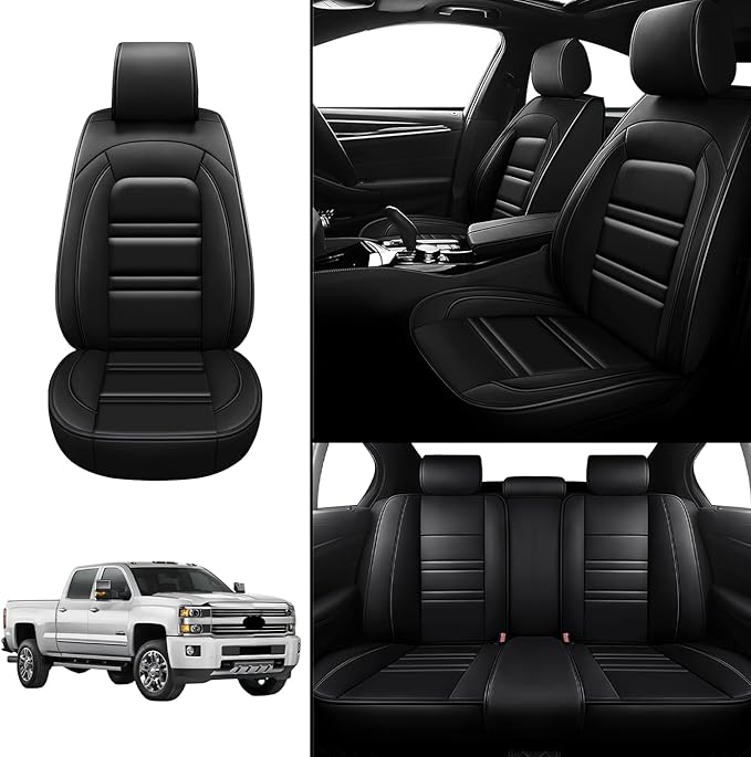 Seat Covers for Chevy Silverado 2007-2025 | 5-Seats Leather Seat Covers, Easy to Install Automotive Seat Covers Full Set (Full Set, Black)
