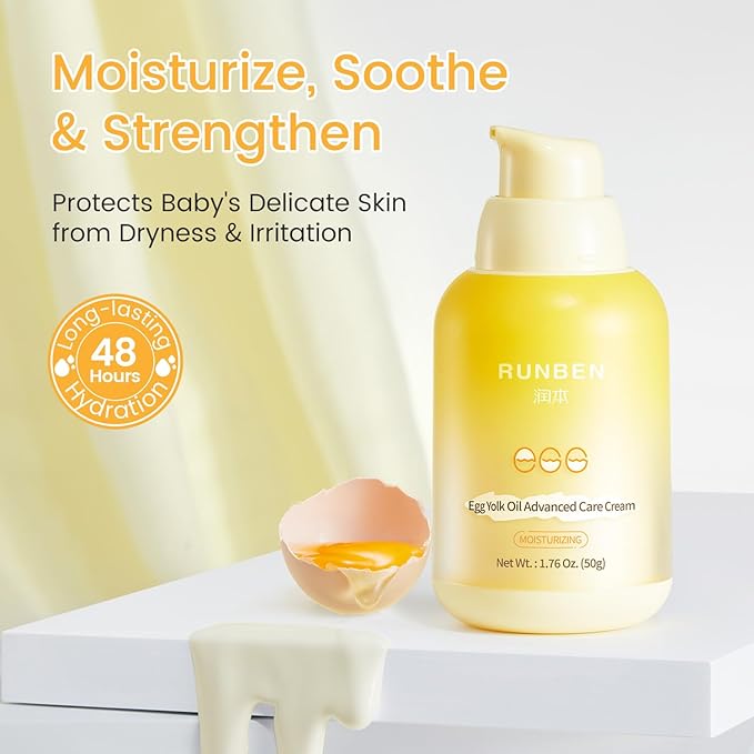RUNBEN Nourishing Baby Face Cream with Egg Yolk Oil, 48H Deep Moisturizing, Advanced Repair Barrier Cream, Relieves Kids Dry & Sensitive Skin, Non-Toxic & Fragrance-Free, 1.76 oz