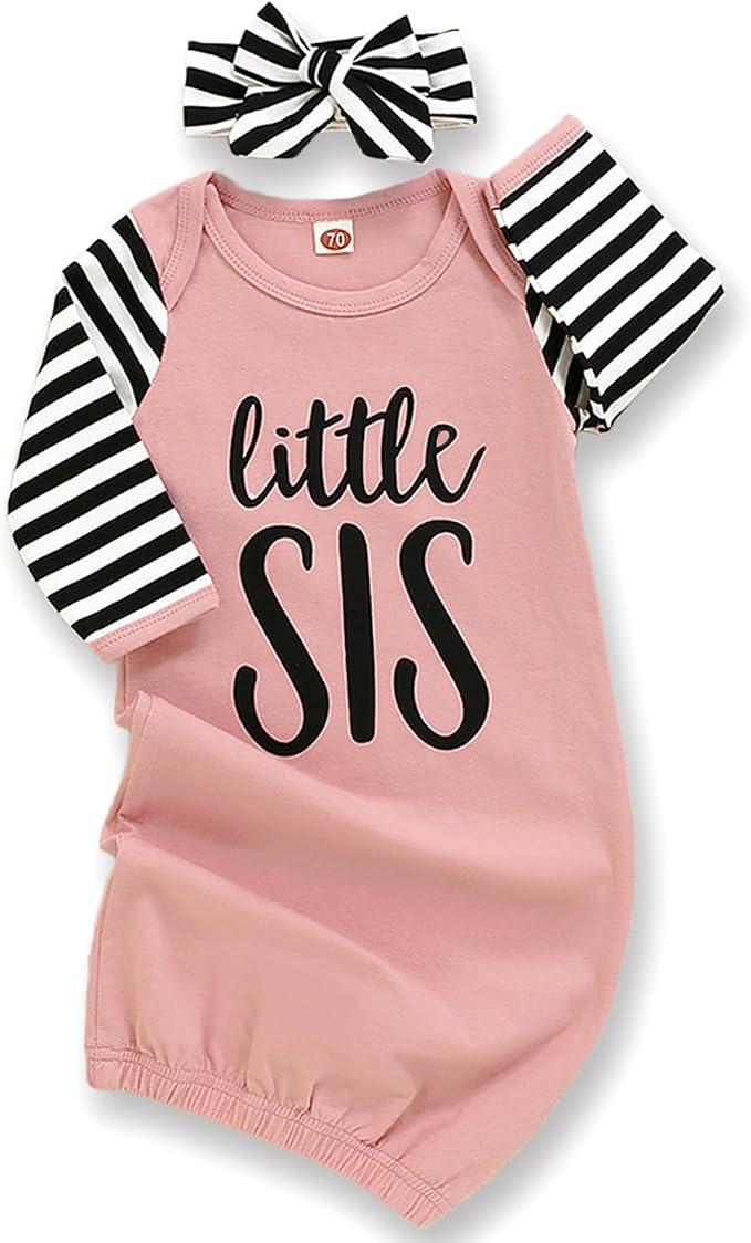 AMAWMW Newborn Baby Girl Little Sister Sleeper Gown Stripe Long Sleeve by AMAWMW