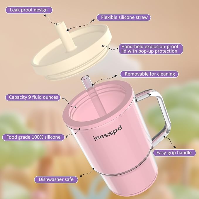 Toddler Cups – 9 oz Adorable Miniature Tumbler with Leak-Resistant Straw and Toddler-Friendly Handle, Encourages Hydration, Easy to Clean, Sippy cups for Toddlers 1-3，BPA Free silicone (Pink)